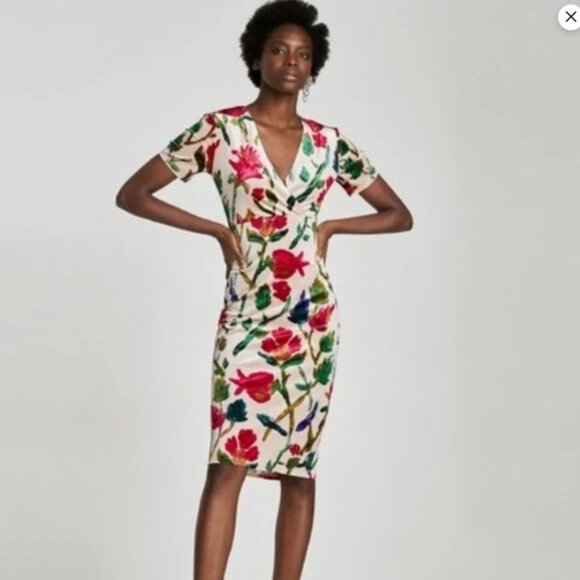 ZARA Velvet Velour Floral Midi Dress V-Neck | Size M - Picture 3 of 14